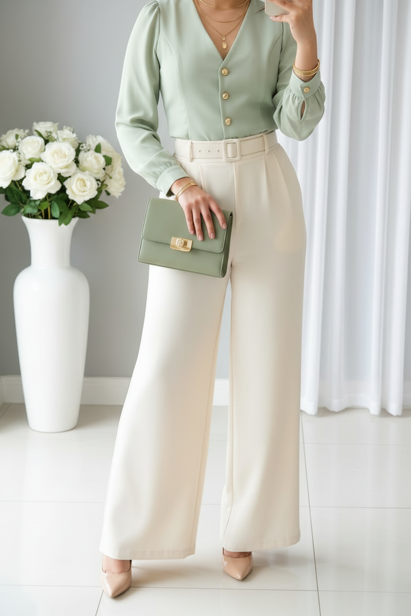 Pantalón Palazzo Crema con Cinturón cod.544