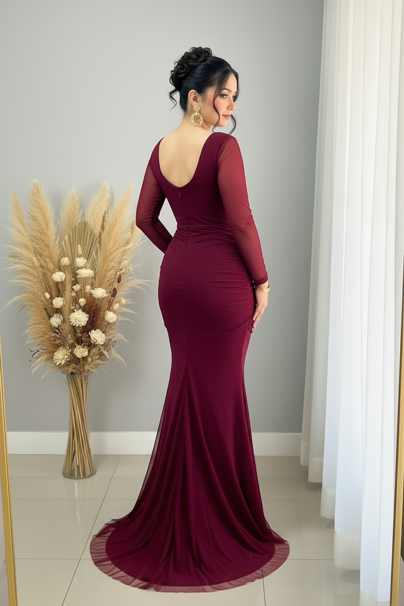 Vestido Vino Sirena con Tul y Drapeado cod.V361
