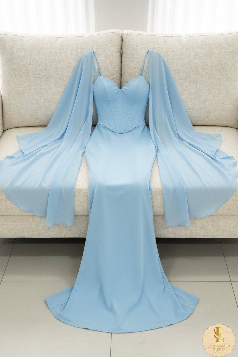Vestido Azul Cielo Corset Tirantes Finos con Capa Chifón Mangas Mariposa y Falda Sirena cod.773
