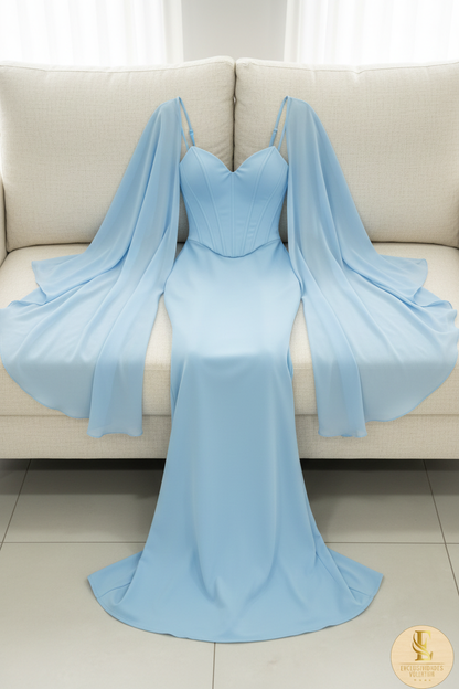 Vestido Azul Cielo Corset Tirantes Finos con Capa Chifón Mangas Mariposa y Falda Sirena cod.773