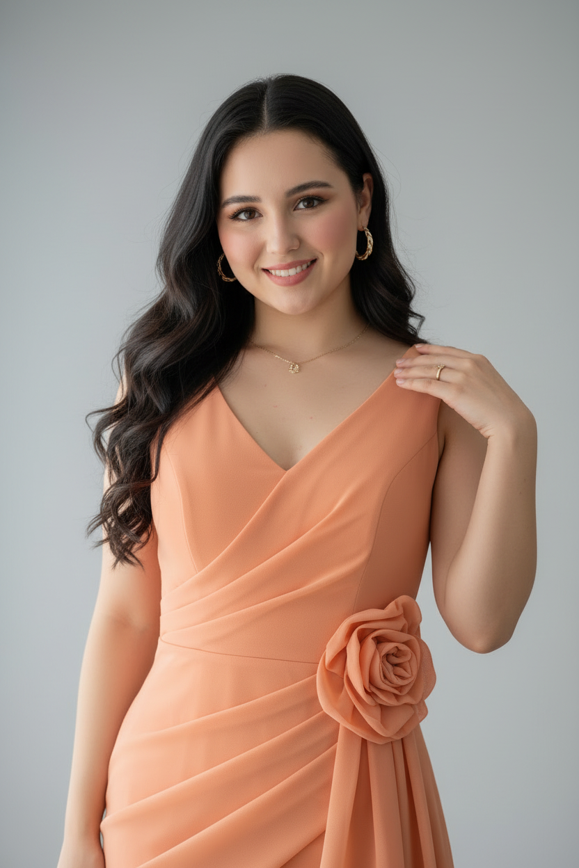 Vestido Salmón Sin Mangas Sirena con Rosa 3D y Volantes cod.966