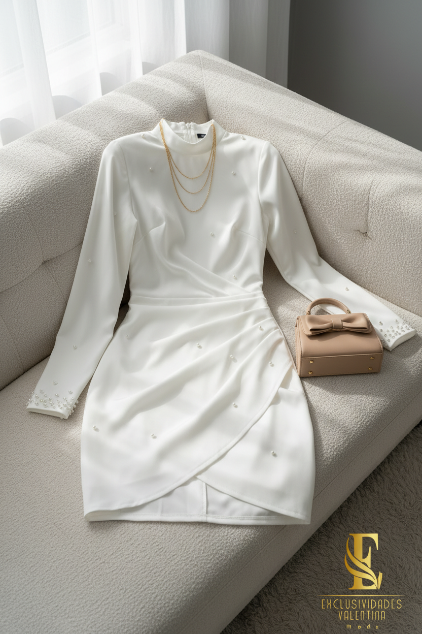 Vestido Blanco Manga Larga Perlas cod.V749
