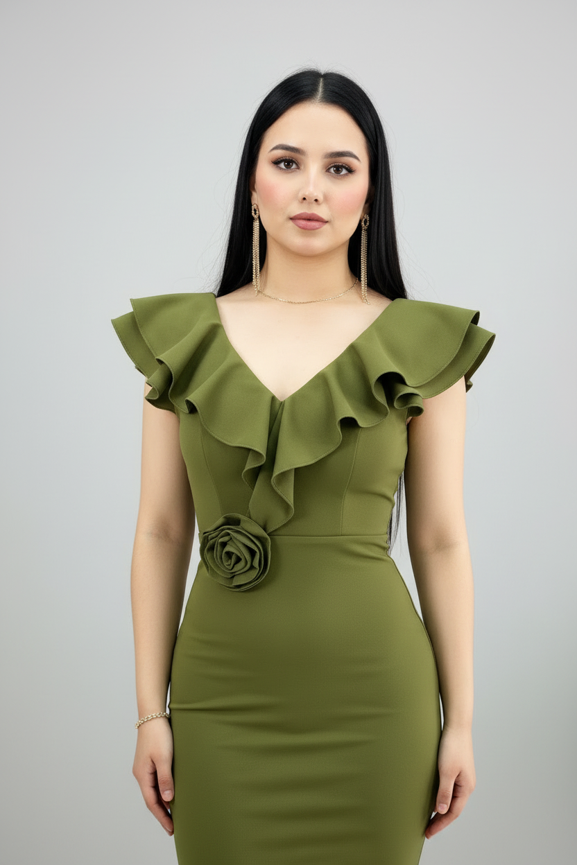 Vestido Verde Oliva Sirena con Volantes y Rosa 3D cod.648