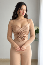Enterizo nude bustier cruzado con rosa 3D y mangas de perlas cod. E0014