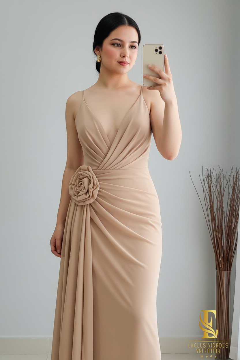 Vestido Nude Stretch con Flor 3D cod.V342
