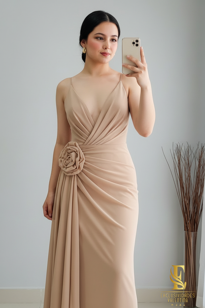 Vestido Nude Stretch con Flor 3D cod.V342