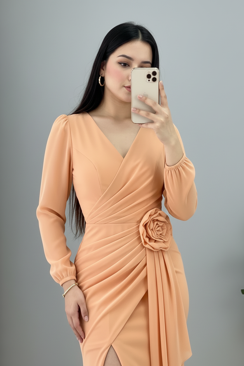 Vestido Durazno Manga Larga Sirena con Rosa 3D y Volantes cod.965