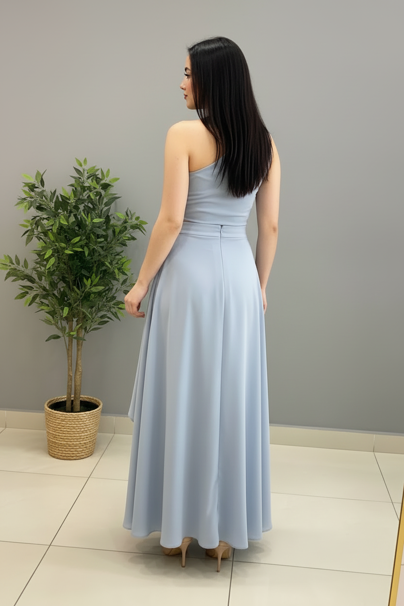 Conjunto Steel Blue Rose – Top Un Hombro Drapeado con Rosas 3D + Falda Asimétrica cod.684