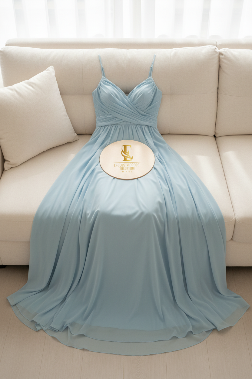 Vestido Azul Cielo Chifón A-Line con Tirantes y Cuerpo Drapeado cod.0079
