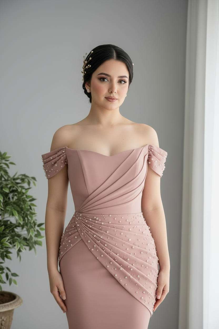 Vestido Rosa Palo Off-Shoulder Perlas Sirena cod.0022