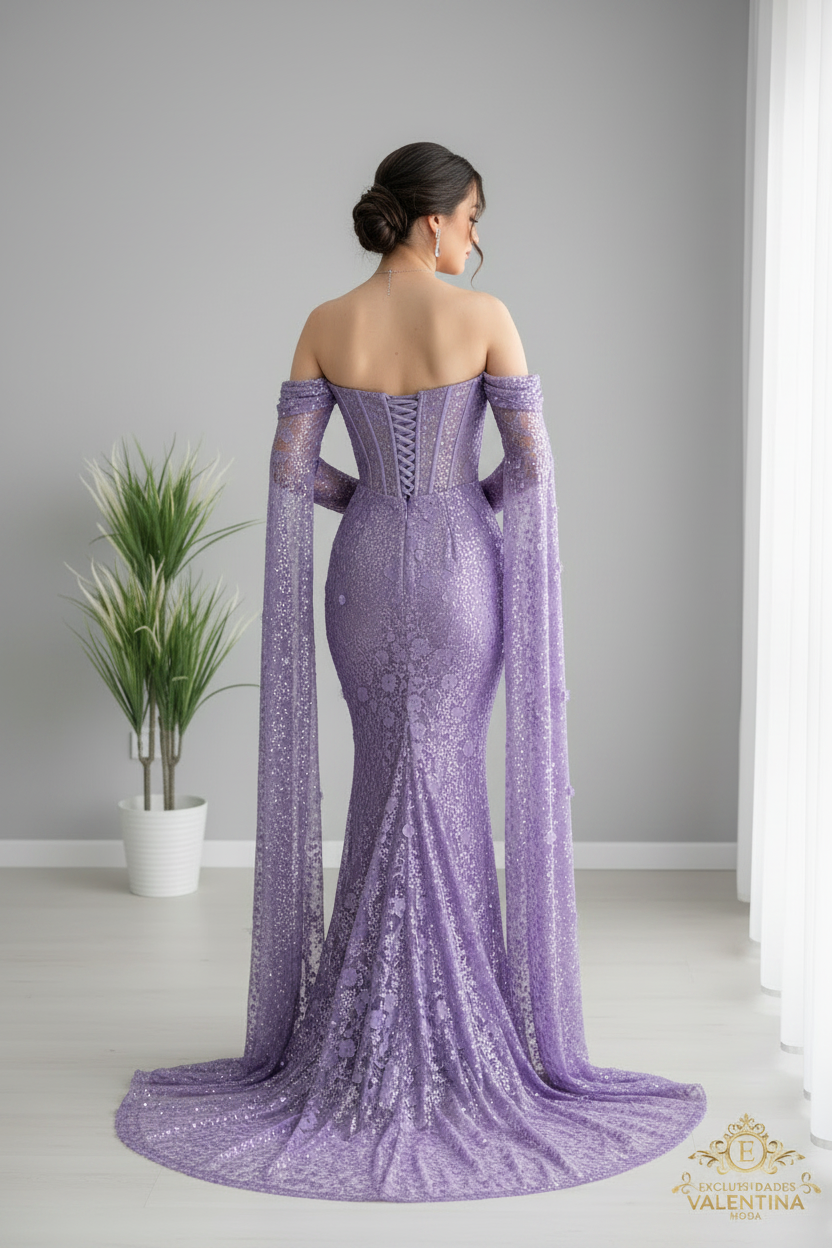 Vestido Sirena Lila Encaje Mangas Capa cod.913