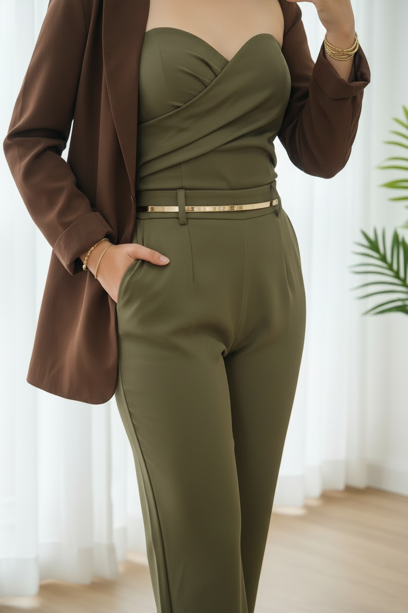 Conjunto Verde Olivo con Blazer Café  3 piezas cod.756
