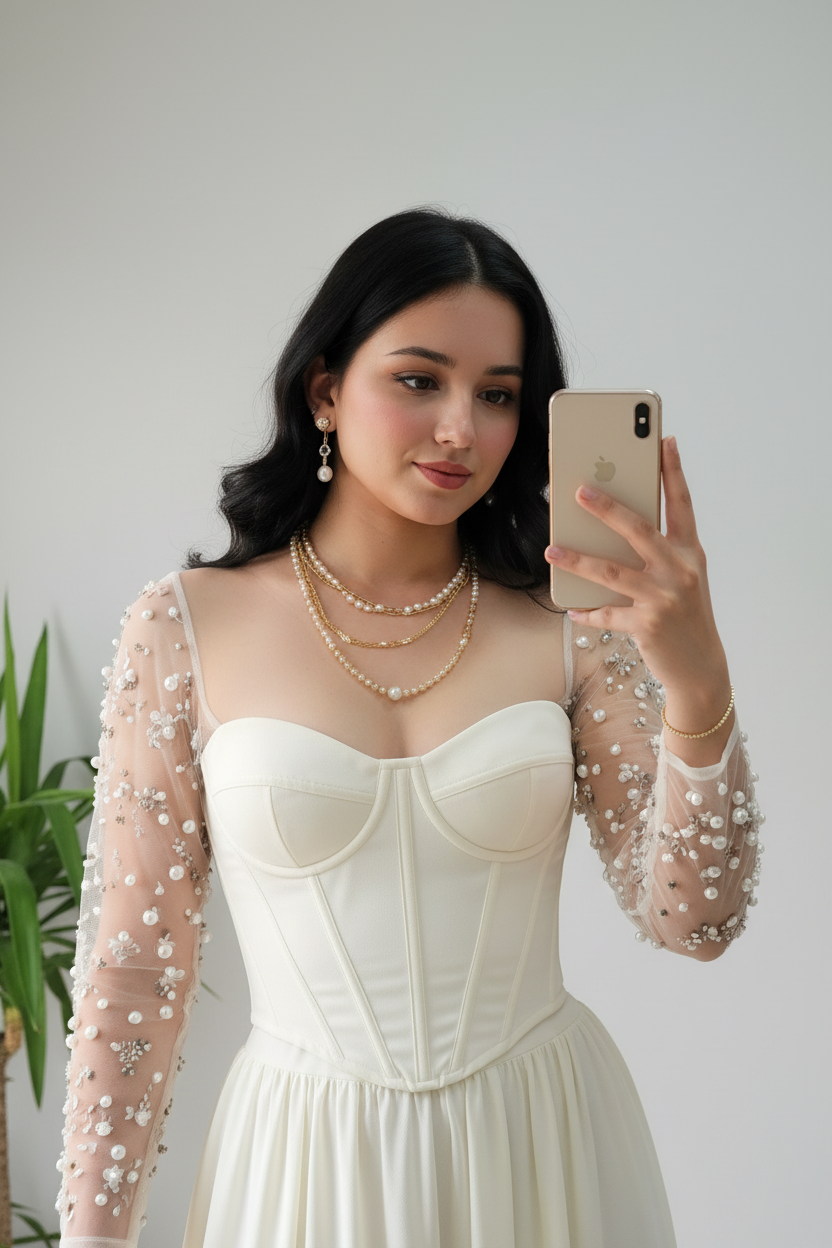 Vestido Formal Blanco Corset con Mangas de Tul y Perlas cod.499
