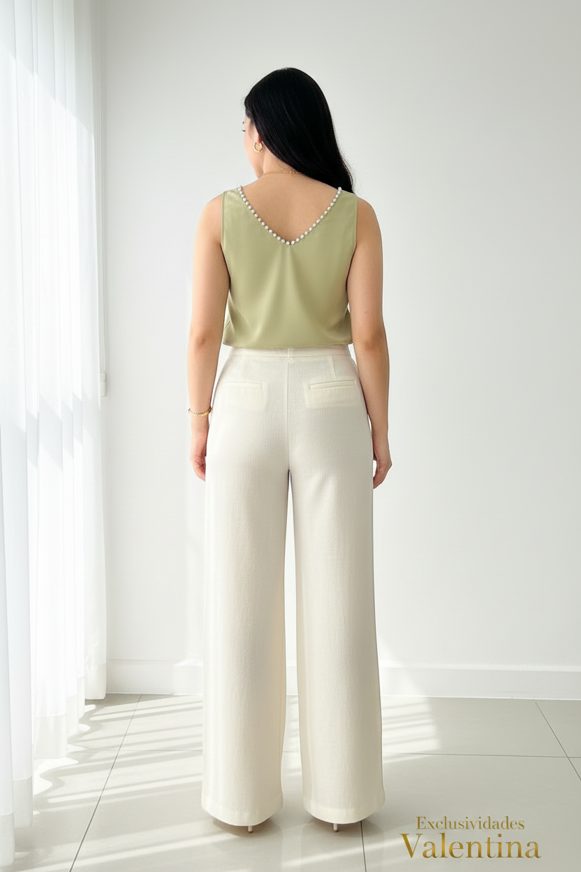 Set Salvia · Top Rosa 3D y Palazzo Crema cod.C271