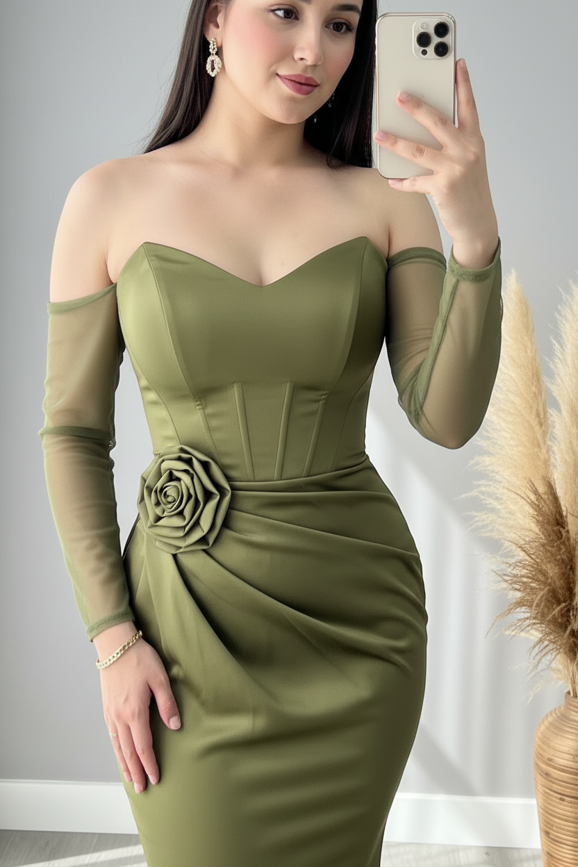 Vestido Verde Olivo Off-Shoulder Manga Tul Rosa D cod.V430