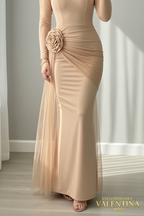 Vestido Largo Nude Sirena Rosa 3D Manga Tul cod.V712