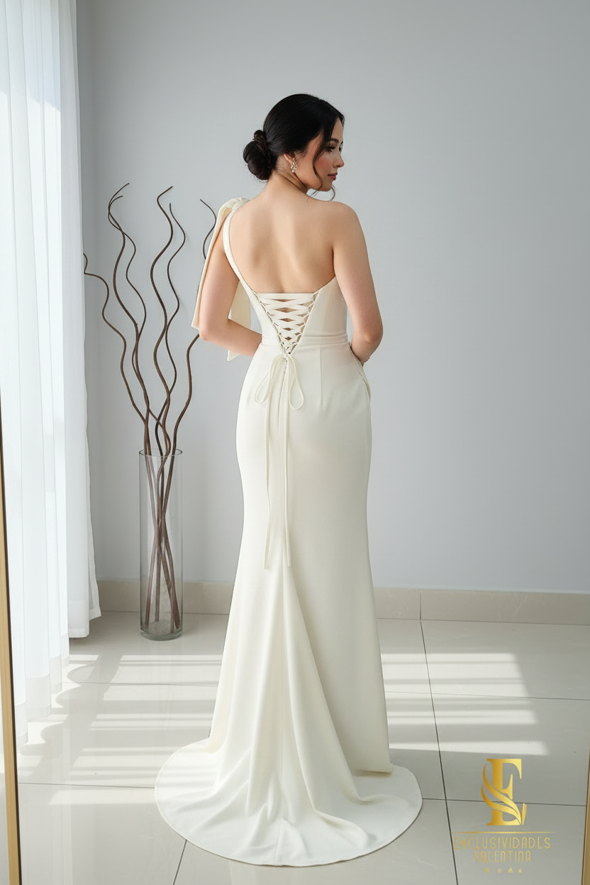 Vestido Crema Un Hombro con Moño y Abertura Frontal cod.V278