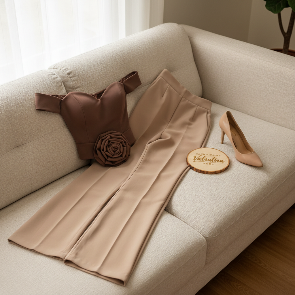 Conjunto Rose Bardot – Top Off Shoulder Corazón & Pantalón Beige cod.668