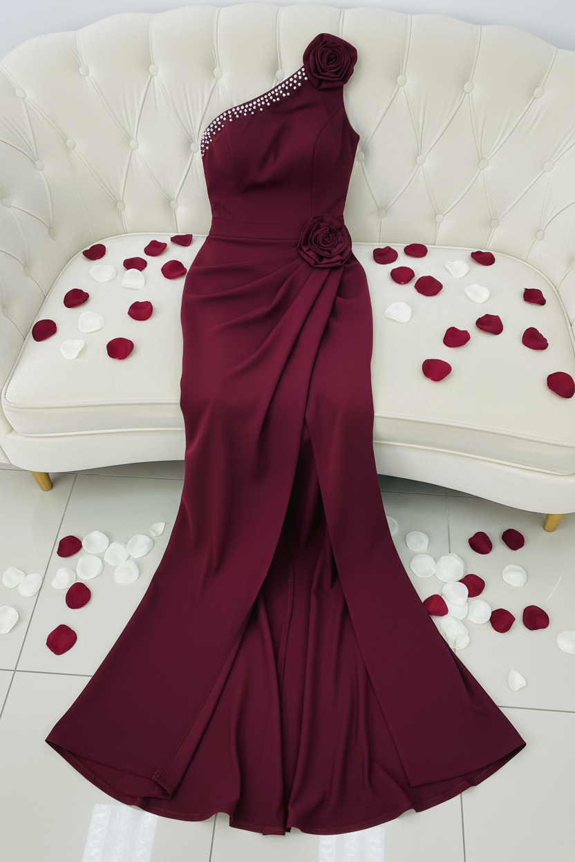 Vestido Vino Tinto Un Hombro Rosas 3D Perlas Abertura cod.V0022