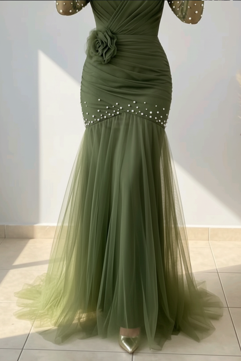 Vestido Verde Oliva Mangas Tul Perlas Rosa 3D Falda Tul cod.V0025