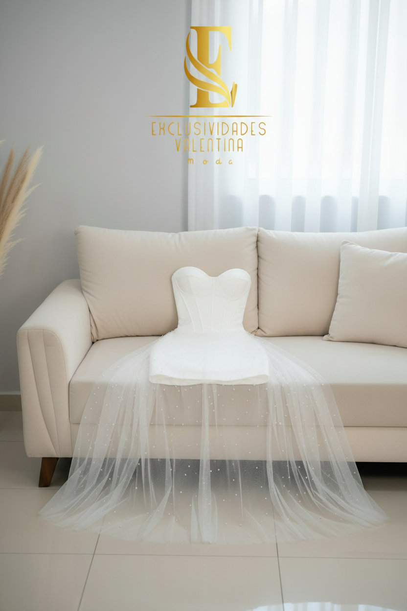 Vestido Blanco Strapless Corset Mini con Tul Perlas cod.V591