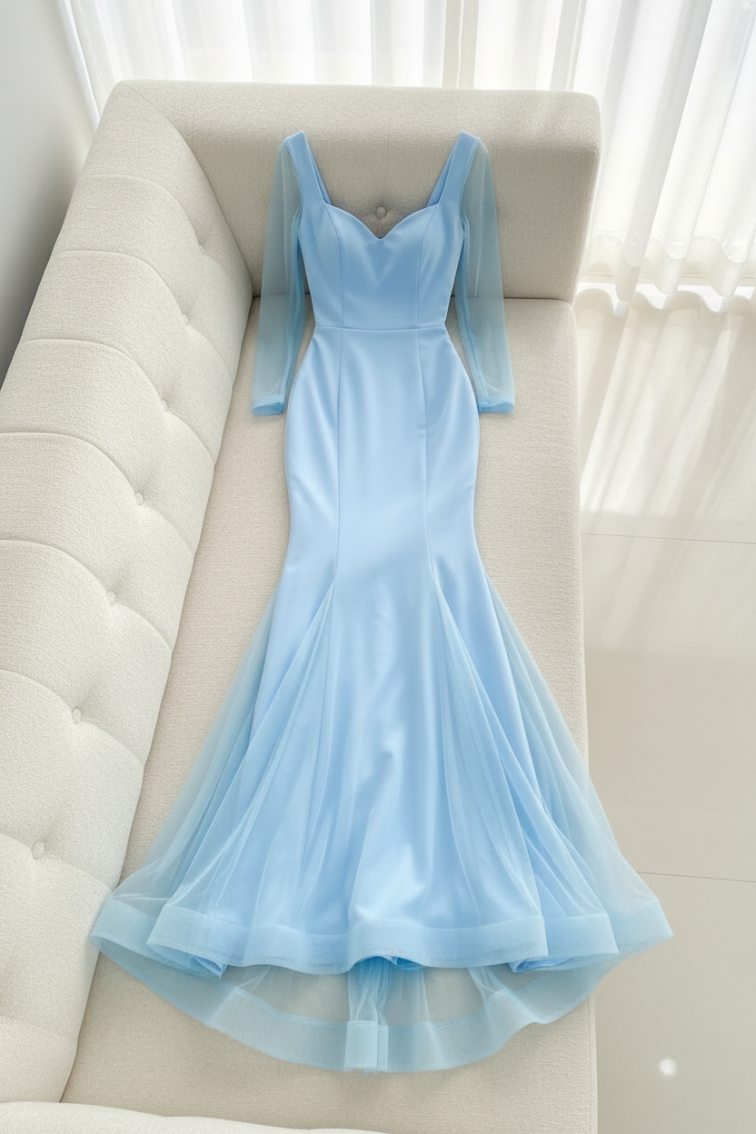 Vestido Azul Bebé Sirena con Tul y Mangas Transparentes cod.V367