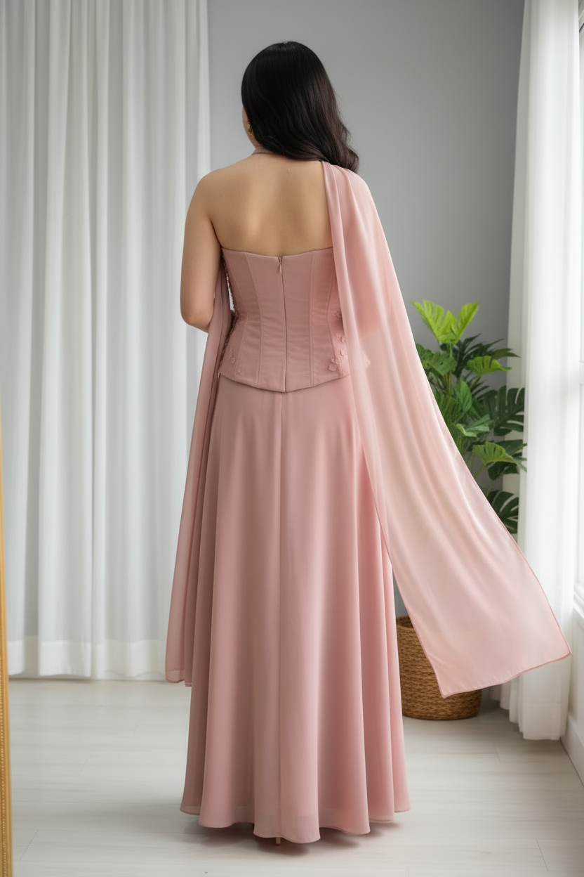 Conjunto Rosa Palo Corset con Rosas 3D y Capa cod.C640