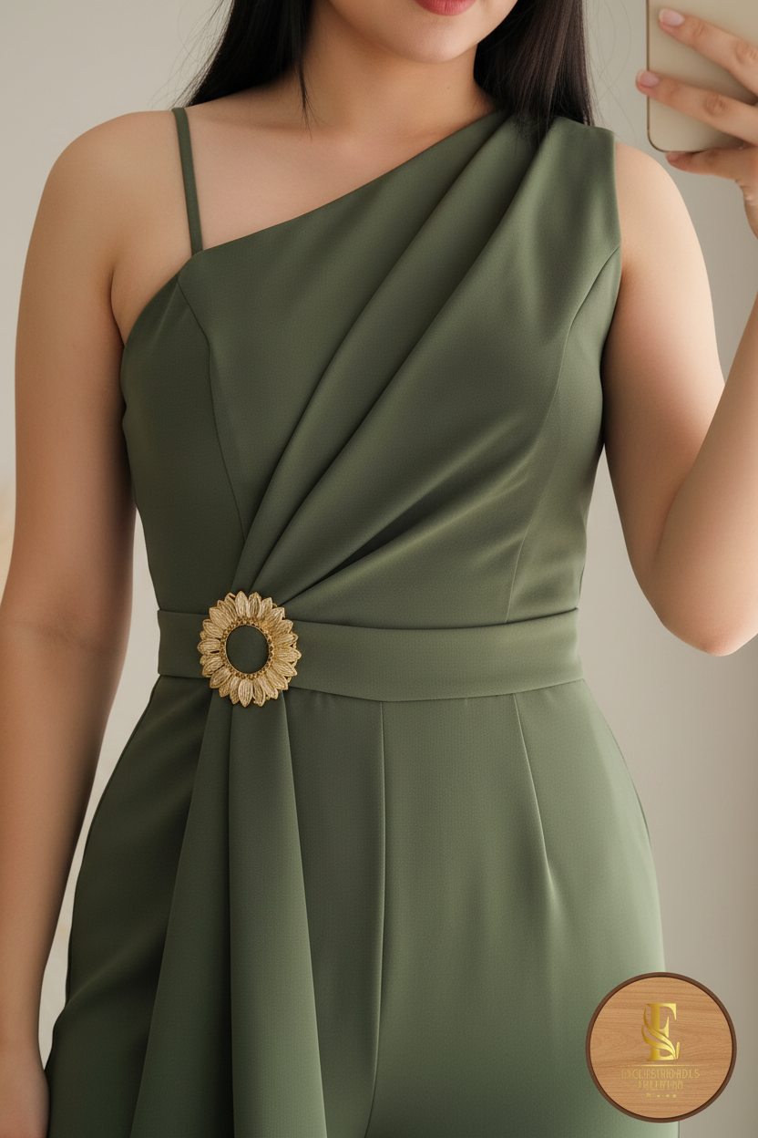 Enterizo Verde Olivo One-Shoulder Drapeado Broche Girasol Dorado Palazzo cod.00117