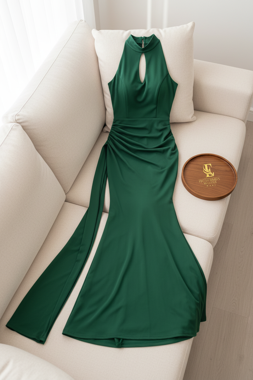 Vestido Verde Esmeralda — Halter Cut-Out Fruncido con Cola Lateral cod.0053