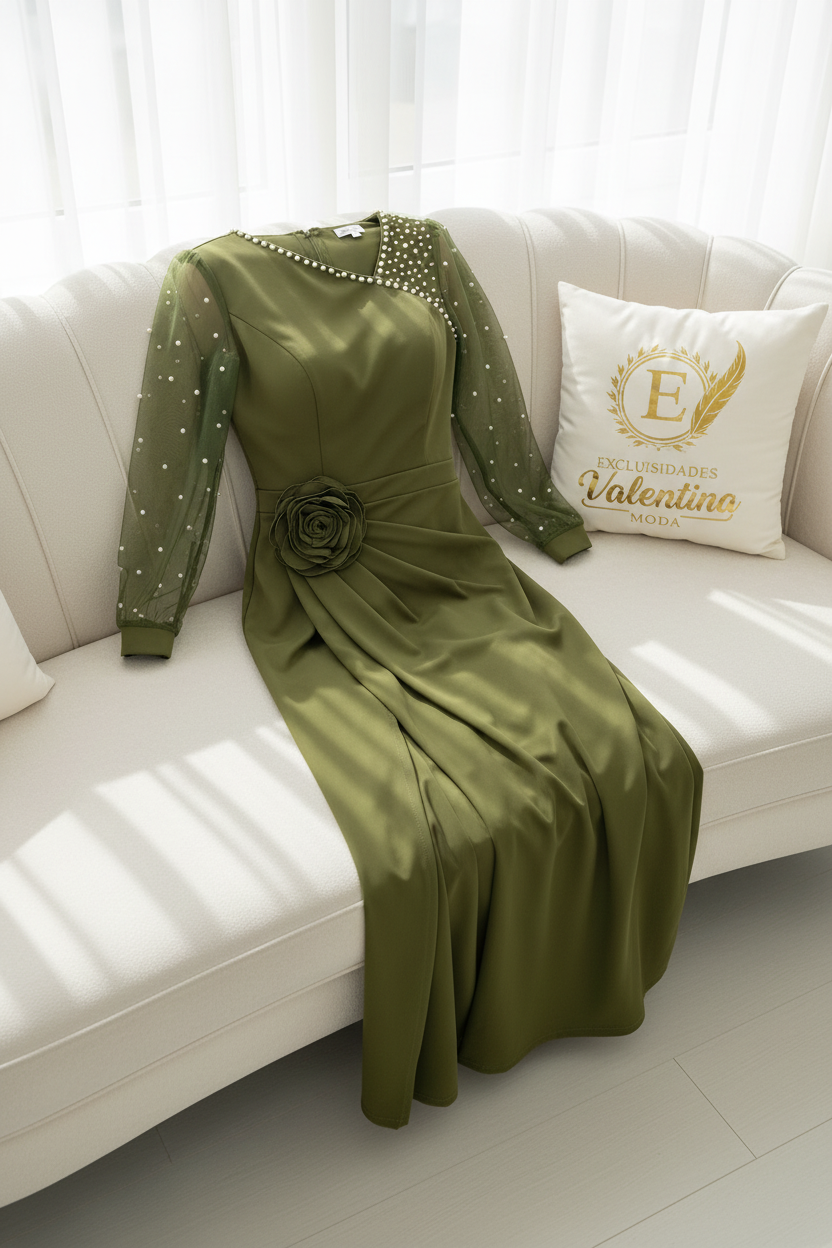 Vestido Largo Verde Oliva con Mangas de Tul con Perlas y Rosa 3D cod.V9499