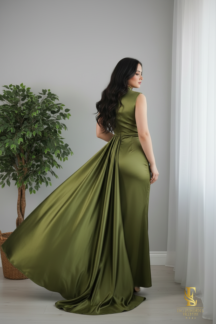Vestido Verde Militar Satinado — Cuello Alto Drapeado con Capa Voluminosa cod.0051