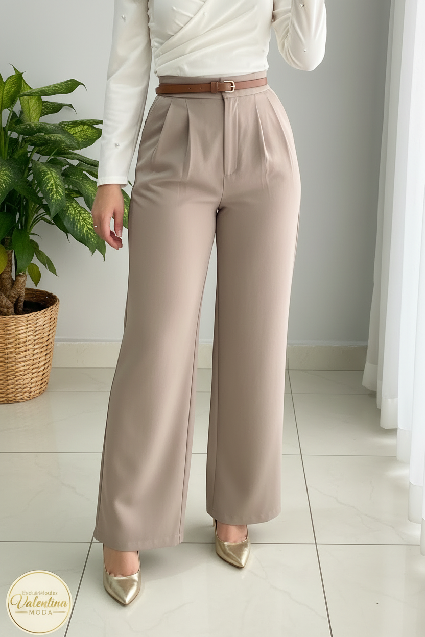 Conjunto 2 Piezas Top Blanco Cruzado y Pantalón Palazzo Beige cod.00131