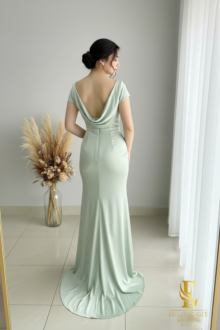 Vestido Sirena Verde Menta Drapeado | cod.V434