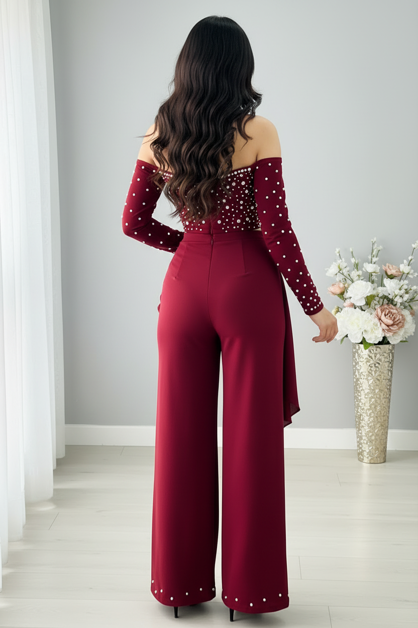 Conjunto Gala Vinotinto Corset de Perlas Off-Shoulder y Palazzo con Rosa 3D cod.C0031