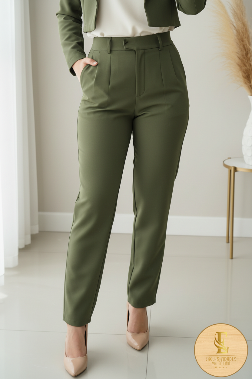 Conjunto Verde Olivo Blazer Crop Pantalón Pinzas Tiro Alto cod.00114