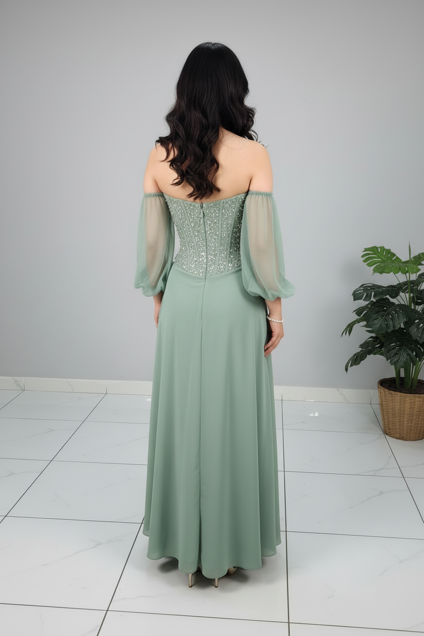 Vestido Formal Verde Salvia Off-Shoulder con Cuerpo de Pedrería cod.550