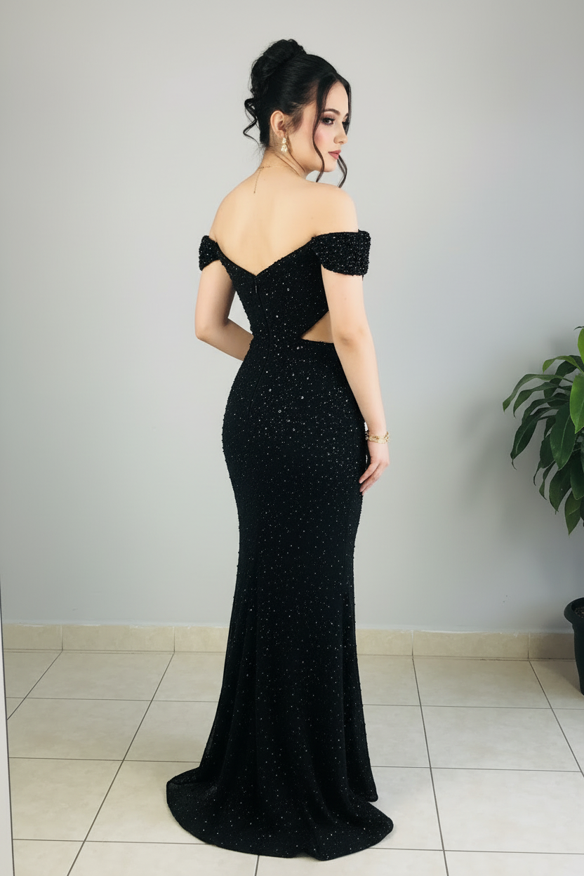 Vestido Formal Negro Off-Shoulder Pedrería Completa con Cutouts Laterales cod.524