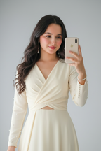 Vestido Novia Ivory Cruzado Escote V Mangas Largas y Falda A-Line cod.V0033