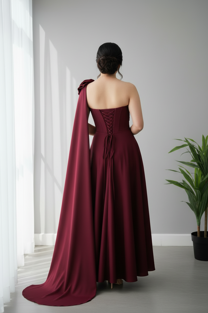 Vestido Vino Tinto Un Hombro con Capa y Rosa D cod.717