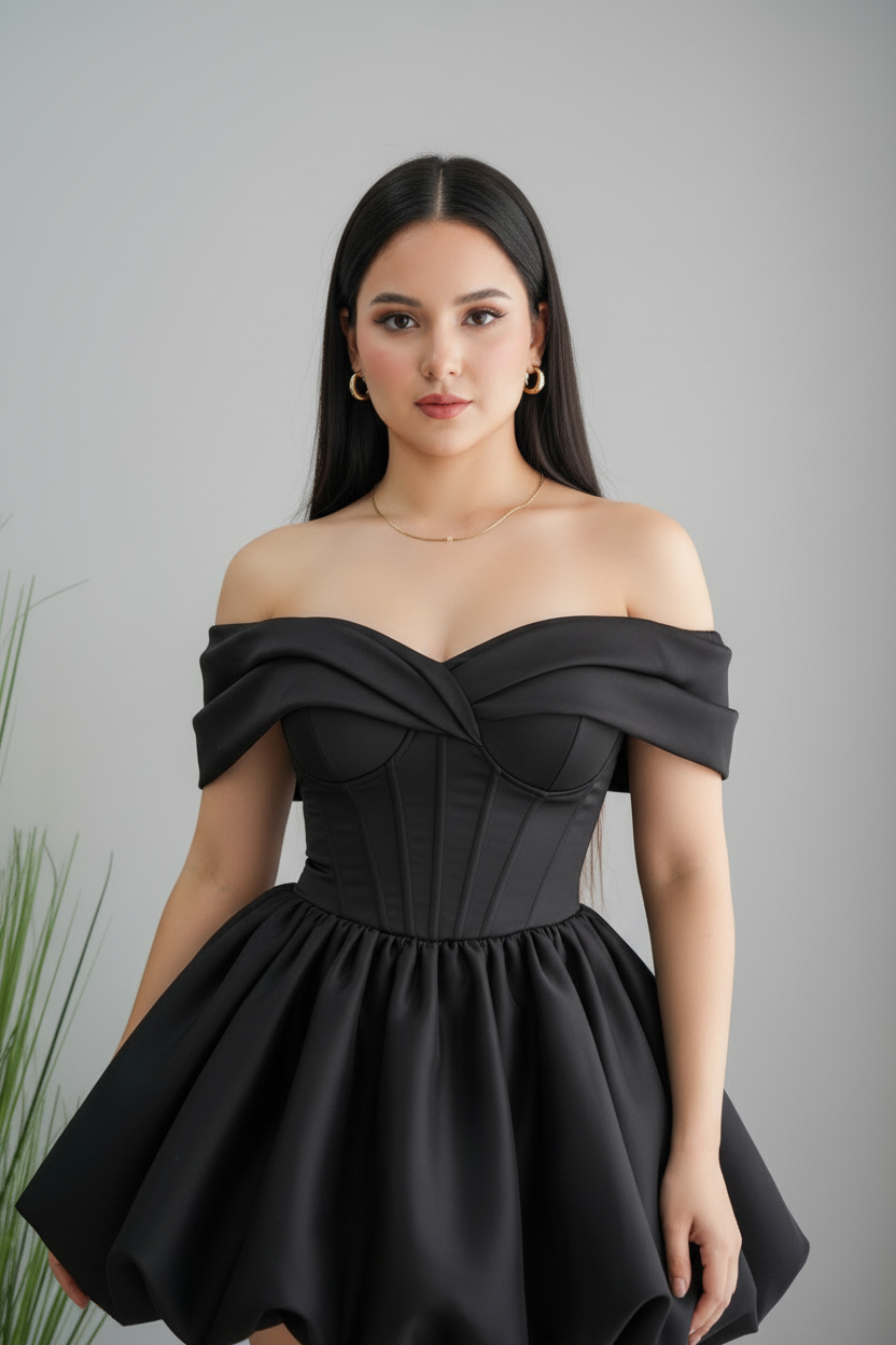 Vestido Negro Off-Shoulder Corsé con Falda Bubble cod.976