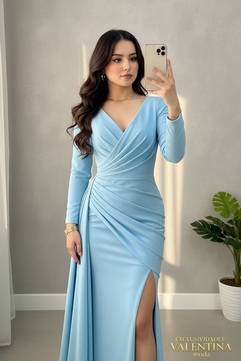 Vestido Largo Azul Cielo Manga Larga con Abertura cod.V713