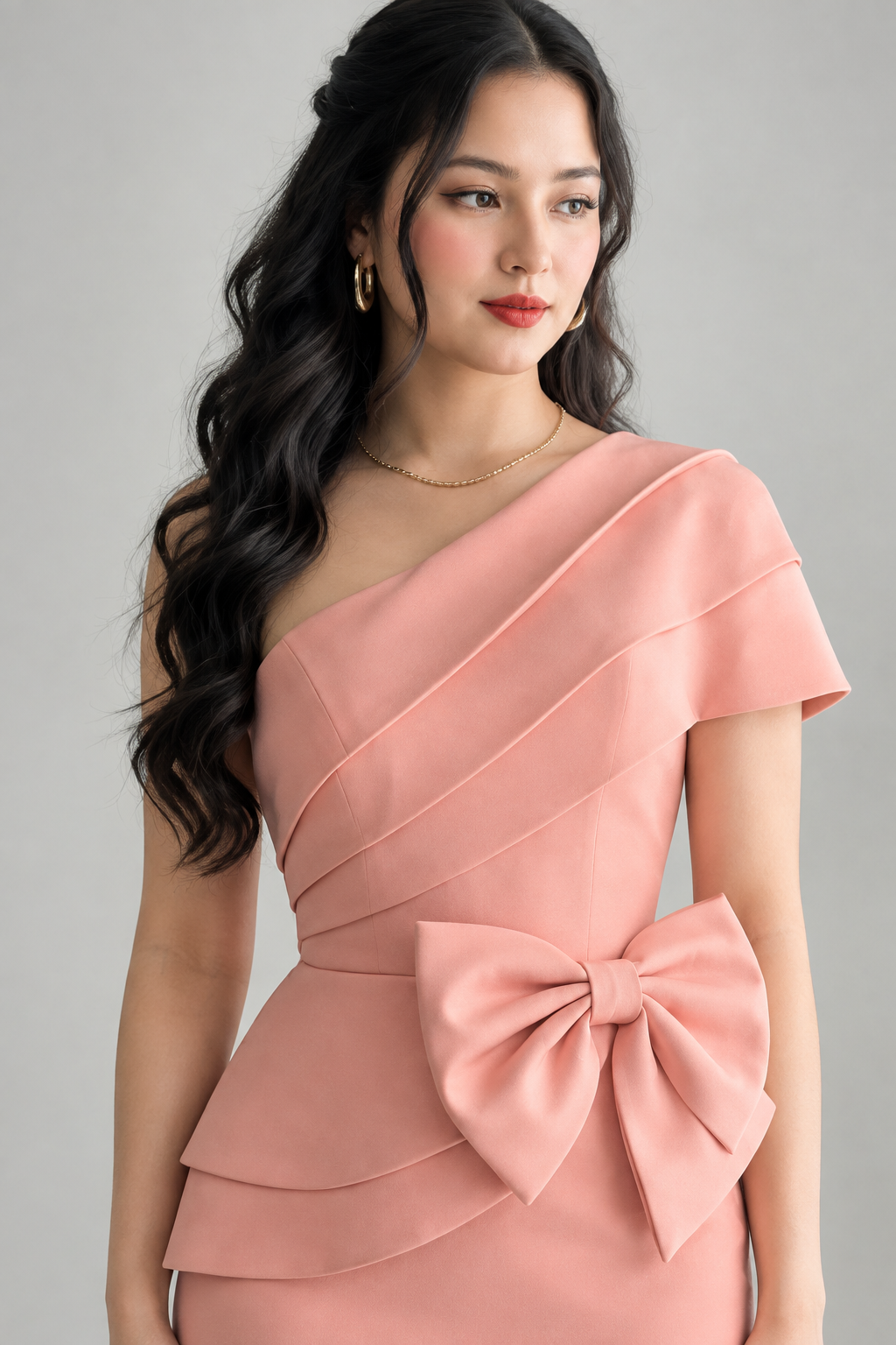 Vestido Rosa Salmón, Lazo Peplum Falda Lápiz cod.V0042
