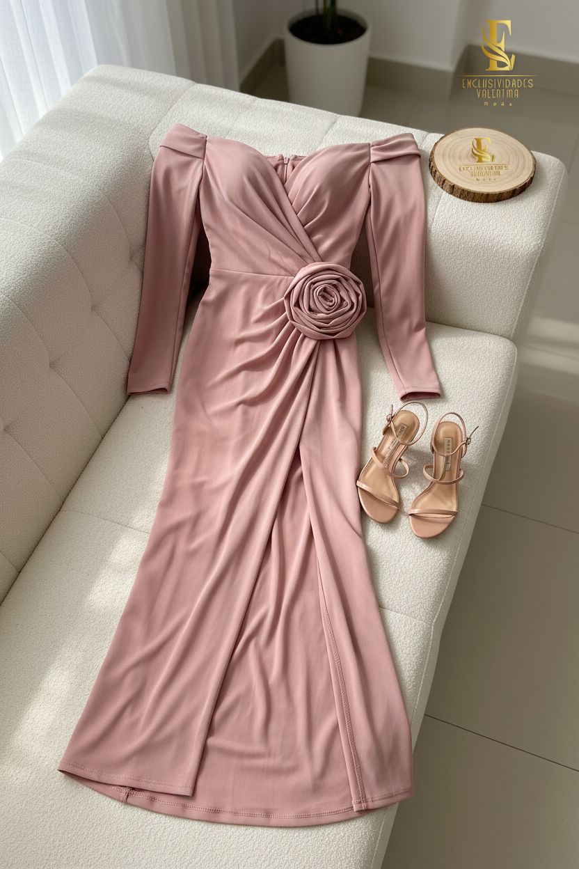 Vestido Blush Off-Shoulder Rose 3D con Drapeado y Abertura cod.623