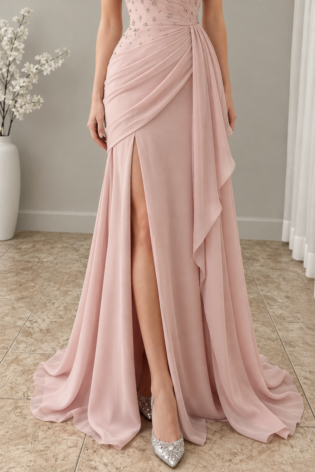 Vestido largo rosa empolvado escote corazón con pedrería y abertura cod. VC016