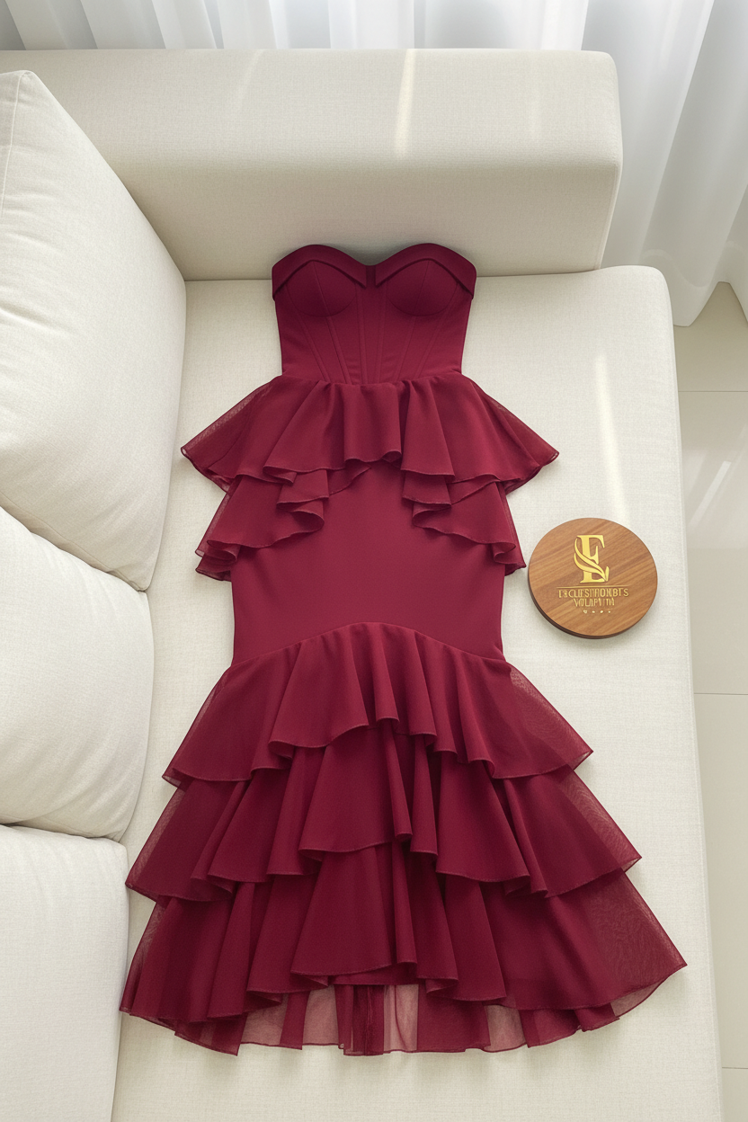 Vestido Midi Vino — Escote Corazón Strapless, Corsé Estructurado & Volantes Escalonado cod.900