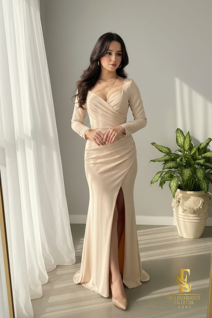 Vestido Sirena Champagne Manga Larga cod.0058
