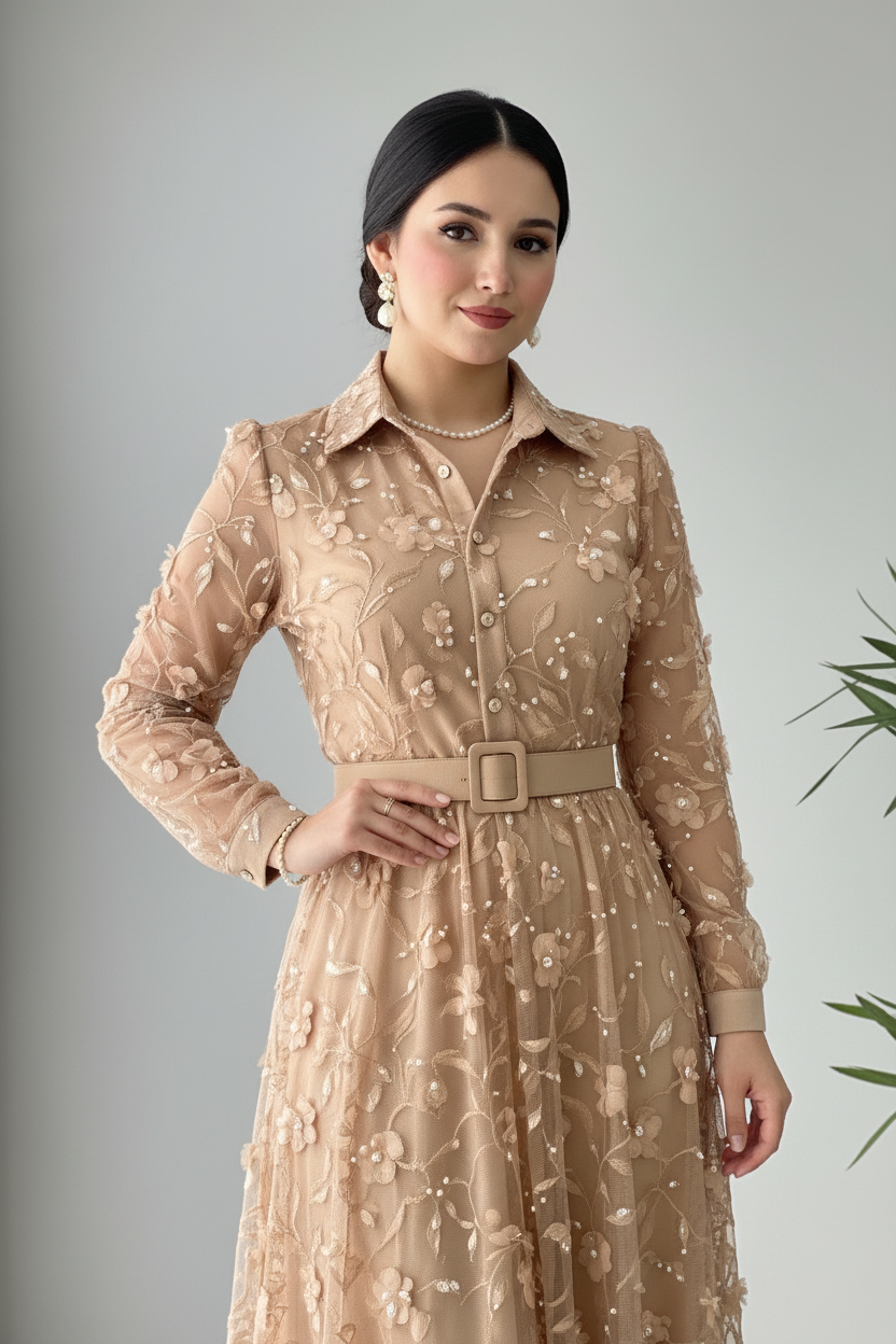 Vestido Camel Dorado Floral Bordado Tul Manga Larga Cuello Camisero A-Line cod.824