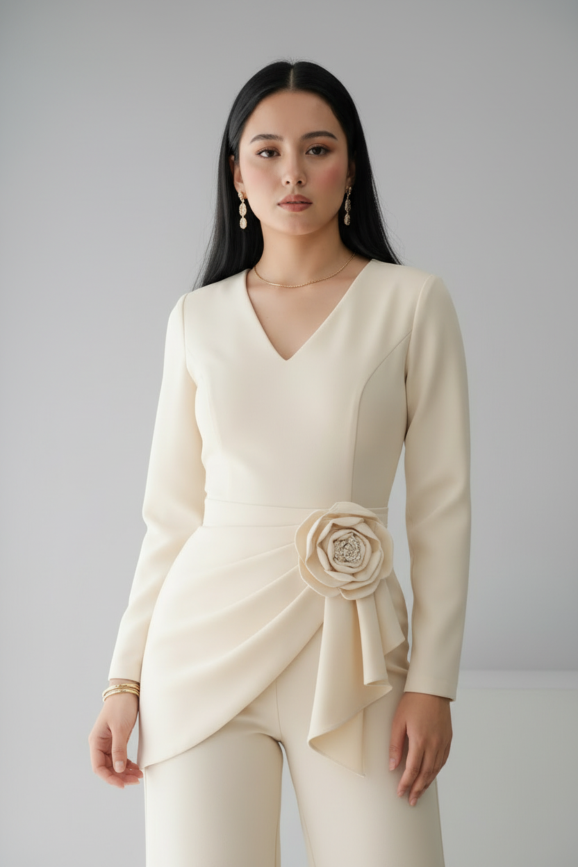 Conjunto Formal Ivory Blusa Asimétrica Rosa 3D y Palazzo cod.C0034