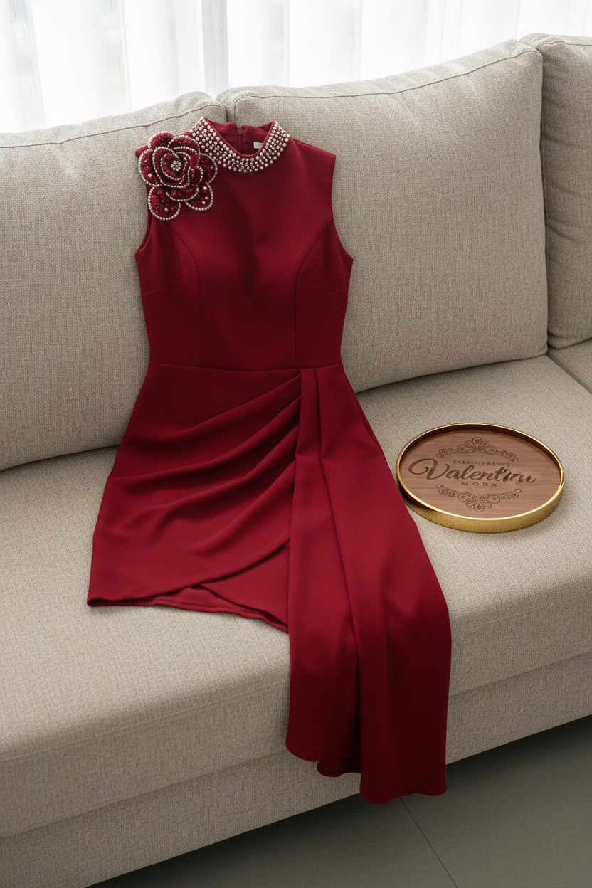 Vestido Rojo Rosa Bordada con Cuello de Perlas cod.945