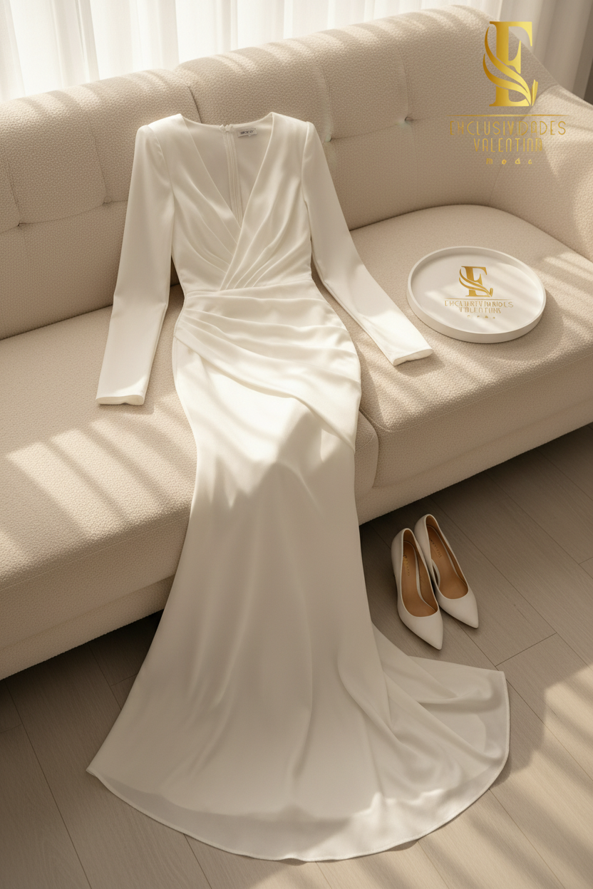 Vestido Blanco Satinado Sirena Escote V Cruzado cod.00174